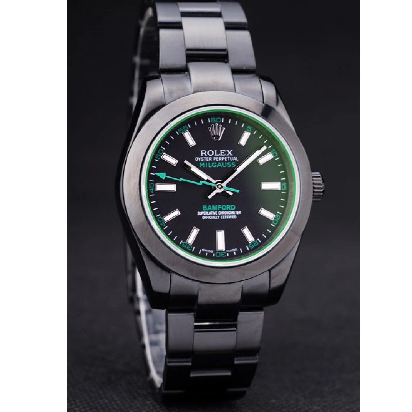 AAA Replica Watches Stainless Milgaus Ion Rolex 7476 Steel Bezel Black Dial Plated Bamford 0621